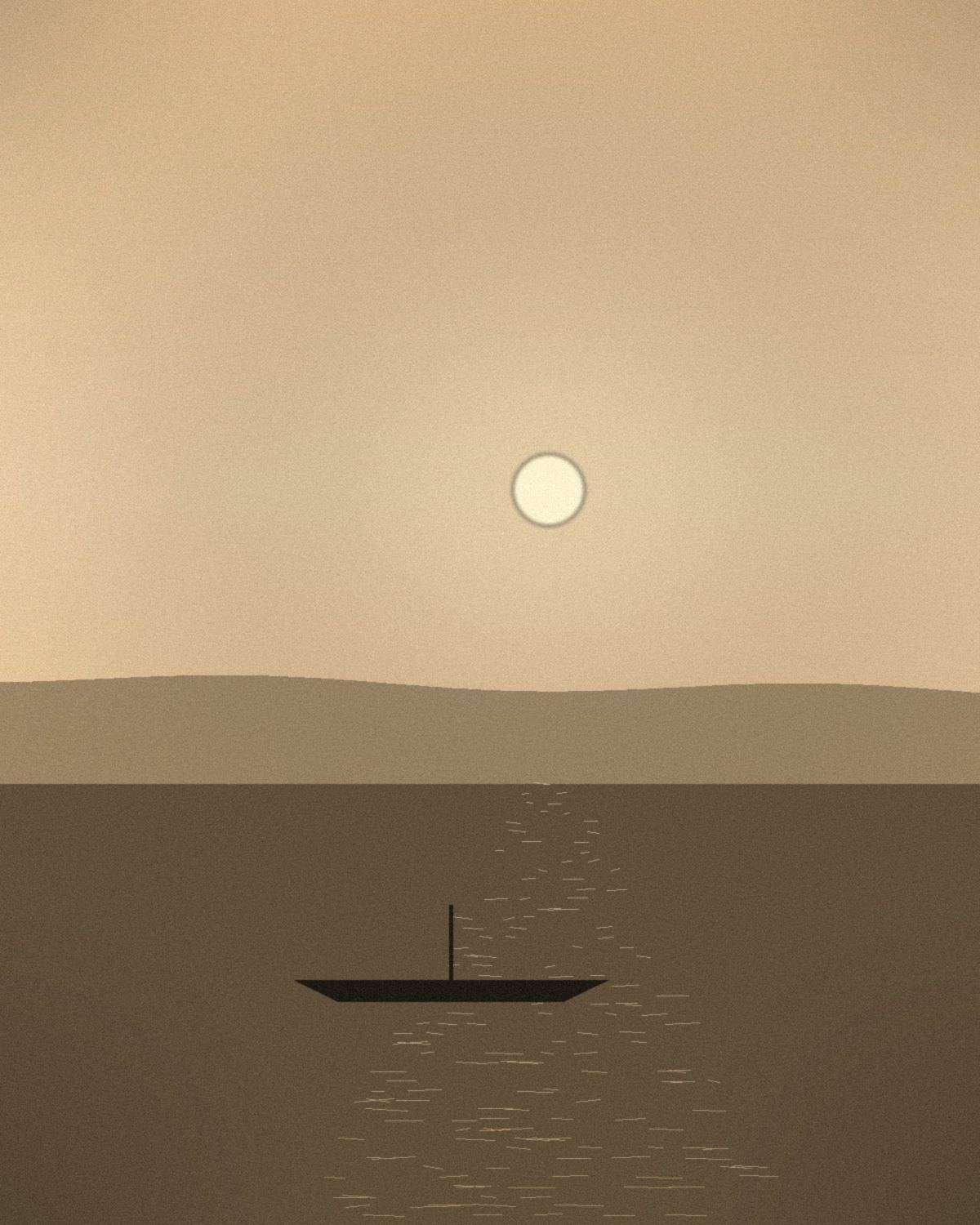 A boat on still water at golden hour